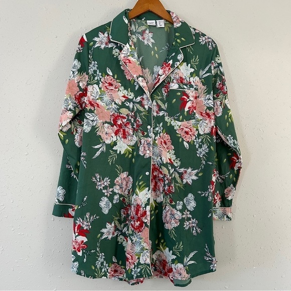 🦋 Cupcakes & Cashmere Green Floral Button Down Nightgown Sleep Dress Large - Picture 1 of 7